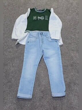 Girls Green & White Varsity Crop Top With Light Wash Skinny Jeans